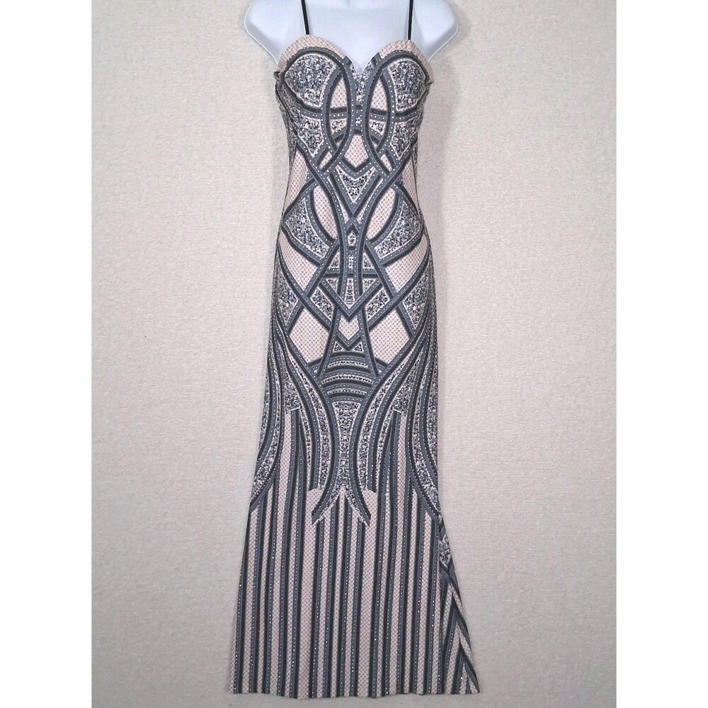 Rhinestone Sweetheart Maxi Dress Sz L Geometric Glam Y2k Evening Bodycon Bling